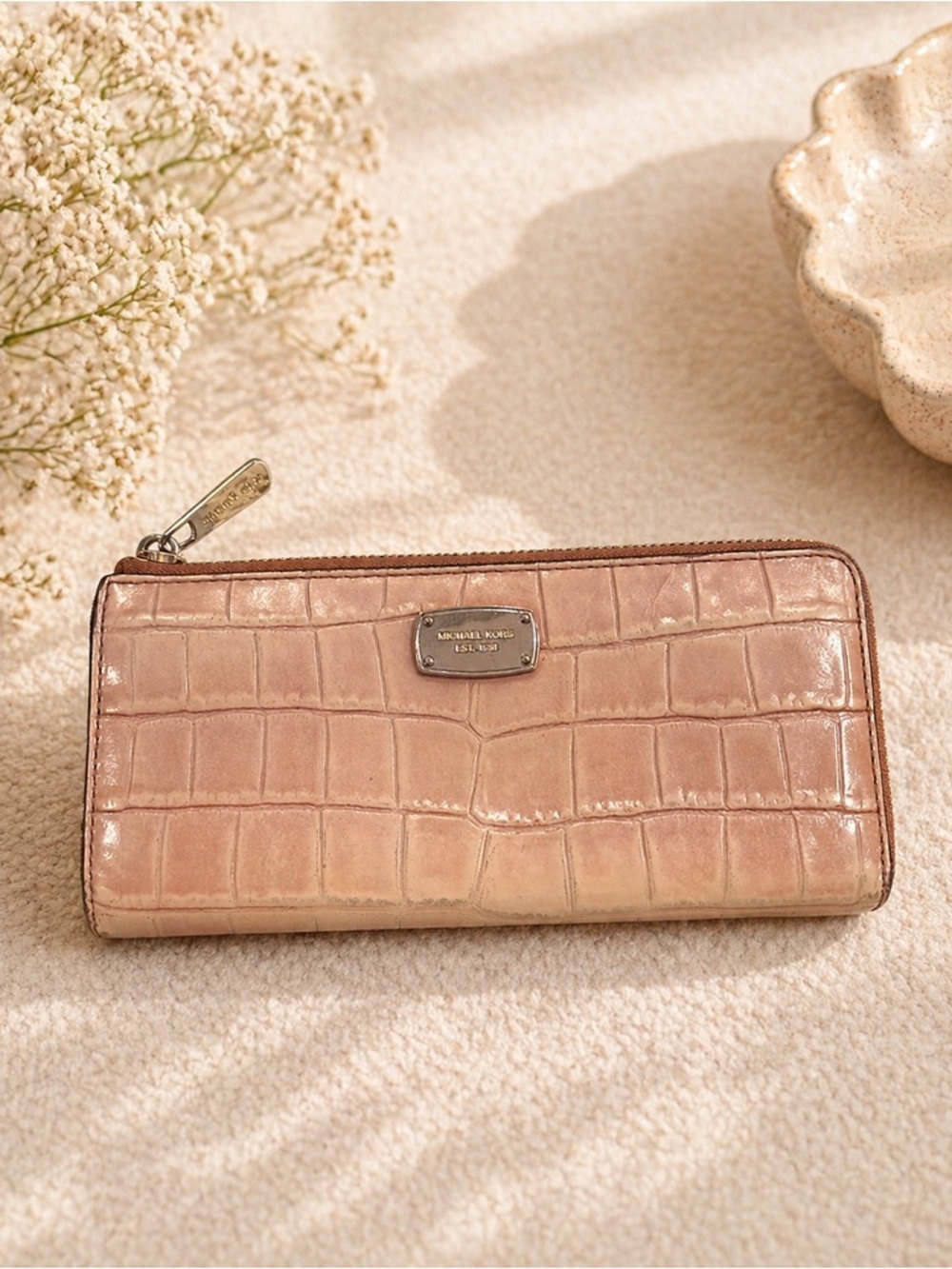 Michael Kors Pink Croc-Embossed Zip Wallet